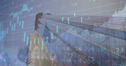 Tall building with stock market data overlay symbolizing global business