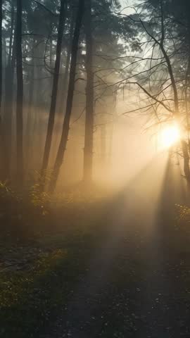 Vertical Video Showing Golden Sun Rays Piercing Misty Pine Forest Trail at Dawn