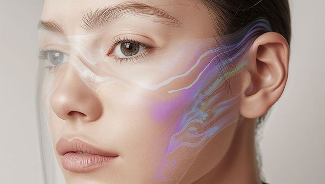 Futuristic female portrait showing iridescent holographic paint streaks, translucent film