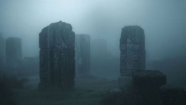 Misty ancient carved pillars standing in foggy ruin field with moss-covered stone blocks