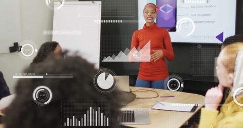 Team Discussing Business Analytics with Technological Overlays