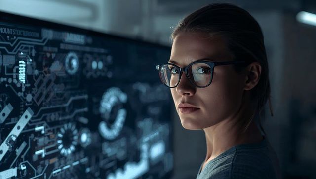 Female engineer analyzing futuristic holographic interface with glasses reflecting data