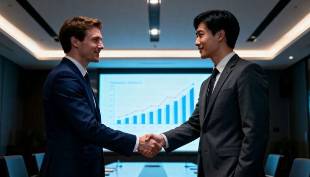 Business partners shaking hands in boardroom after presentation showing growth charts