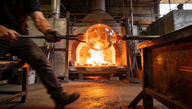 Glassblower shaping molten orb with blowpipe in hot furnace workshop, studio craftsmanship