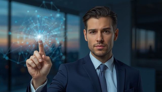 Executive Using Holographic Technology in Modern Office