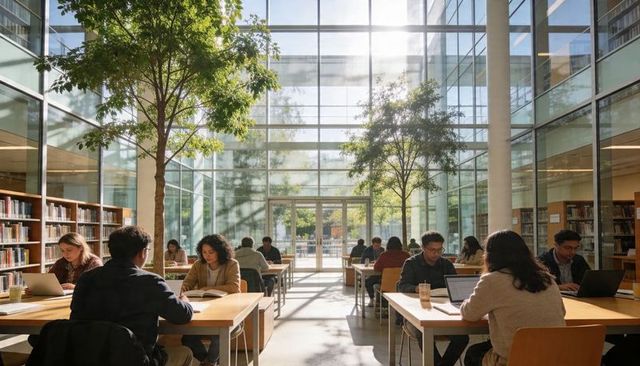 Sunlit modern library atrium with students studying, collaborating, typing on laptops