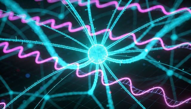 Pulsing cyan node radiating filament network with magenta wave ribbons and lattice grid