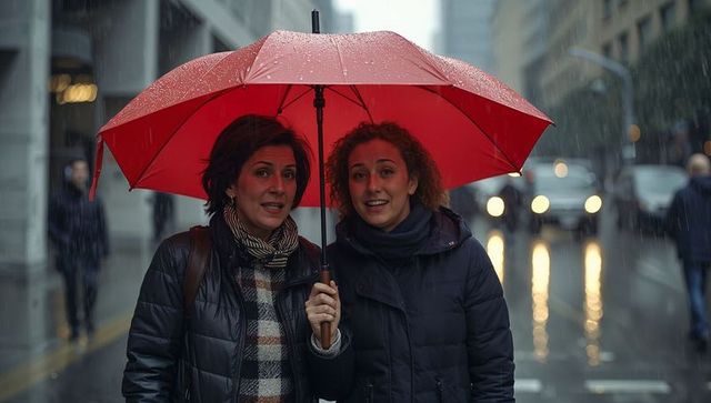 Two women sharing red umbrella on rainy city street with glowing headlights, reflections