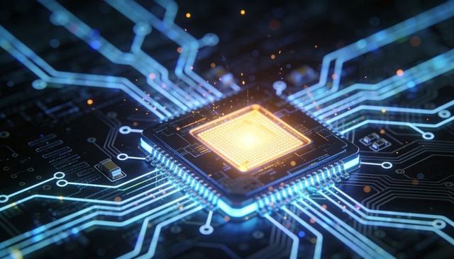Glowing Microchip Emitting Golden Core on Futuristic Circuit Board with Neon Traces