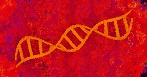 Beaded orange dna double helix twisting over marbled red and purple molecular texture