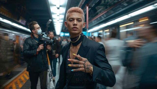Striking androgynous model standing on subway platform with colorful nails and tattoos