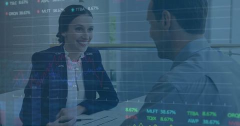 Business Discussion with Financial Graph Overlay