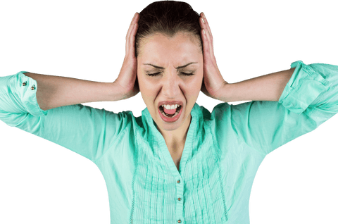 Woman in Transparent Background Holding Head in Painful Expression