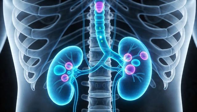Showing glowing kidneys and ureters highlighting magenta nodules in cyan anatomy rendering
