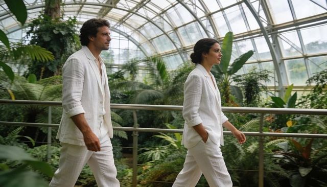 Walking couple in white linen suits inside tropical glasshouse conservatory lush foliage