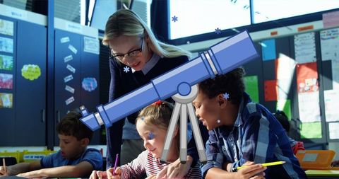 Female Teacher Guiding Young Students in Classroom with Telescope Icon Overlay