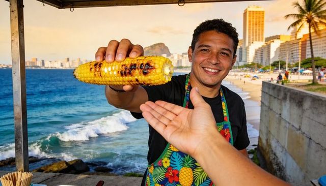 Smiling vendor offering grilled corn on beach promenade at sunset