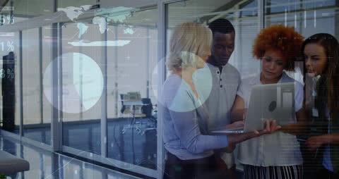 Diverse Business Team Analyzing Data on Laptop with Global Interface