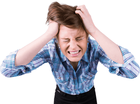 Brunette woman is expressing frustration by pulling her hair and shouting, wearing a plaid shirt. Transparent background makes it easy to overlay onto different designs or promotional materials. Ideal for illustrating concepts of stress, tension, being overwhelmed, or emotional moments in articles, blogs, or social media. Useful for mental health awareness campaigns or expressive storytelling.