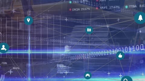 Digital Financial Data Animation with Technology Icons at Construction Site