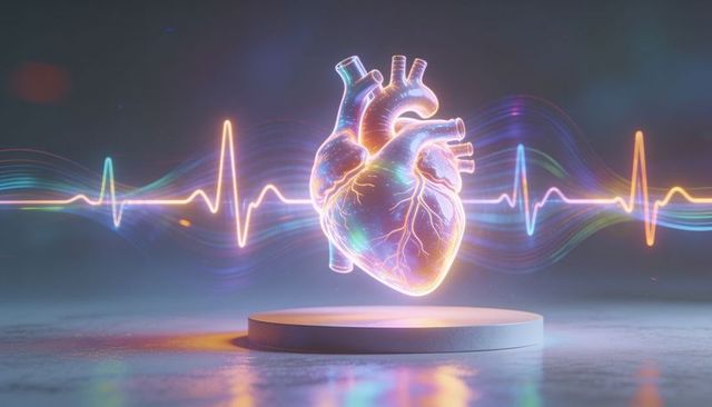 Floating holographic anatomical heart glowing with neon ecg waveform on circular pedestal