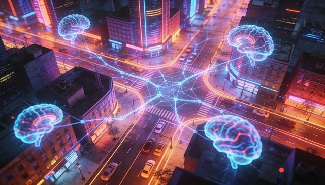 Neon city neural network above intersection with holographic brain nodes connecting roads