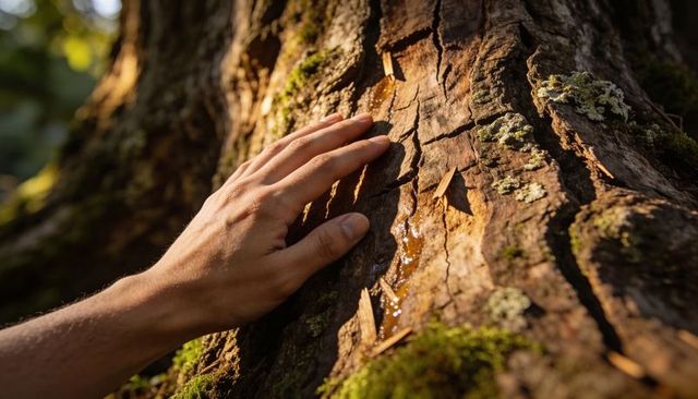 Male hand touching sunlit tree bark with amber sap and moss, close-up nature connection