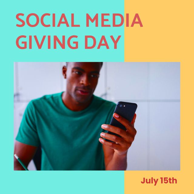 African American Man Using Smartphone for Social Media Giving Day Campaign - Download Free Stock Templates Pikwizard.com