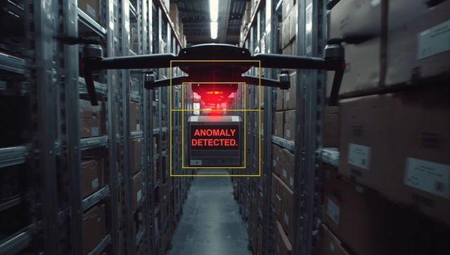 Autonomous drone inspecting warehouse aisle detecting anomaly with ai overlay