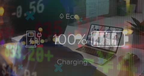 Global Businesswoman Engaged in Virtual Meeting with Digital Data Graphic Overlay