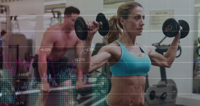 People lifting weights in fitness gym with financial growth chart overlay - Download Free Stock Images Pikwizard.com