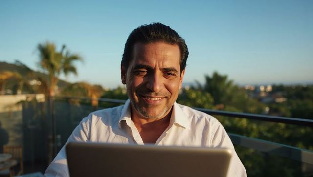 Smiling man working on laptop on sunlit rooftop terrace with palm tree and city view