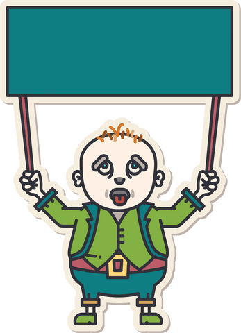 Sad cartoon man holding banner on transparent background