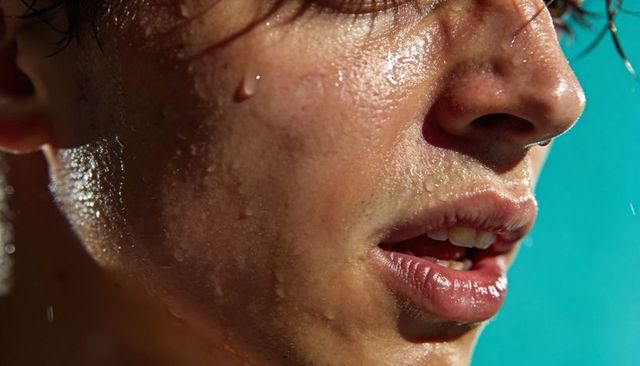 Teen Male Lower Face Beading with Water Droplets on Teal Backdrop, Glossy Lips