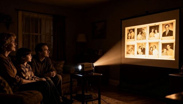Family watching nostalgic slides projected on screen in cozy living room at night