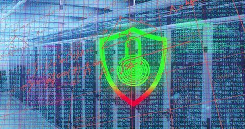 Cybersecurity Concept with Padlock Icon Overlay on Server Room