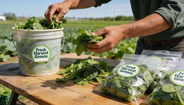 Farmer packing fresh spinach into labeled resealable bags on wooden table at sunny field