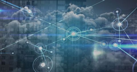 Digital Network Overlay on Urban Buildings with Cloudscape - Download Free Stock Images Pikwizard.com