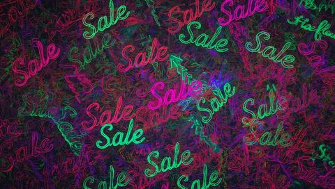 Vibrant neon sale script repeating pattern for promo banner with glowing arrow motifs