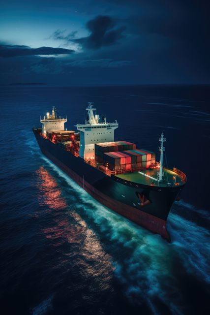 Cargo ship sailing through the ocean at night. Containers on the deck are brightly illuminated, emphasizing the importance of maritime transportation for international trade. This image could be useful for articles or marketing materials related to logistics, shipping industry, marine transport, or global commerce.
