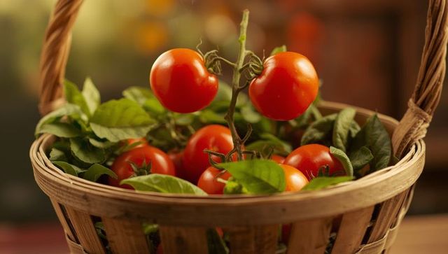 Fresh cherry tomatoes in woven basket on rustic kitchen table