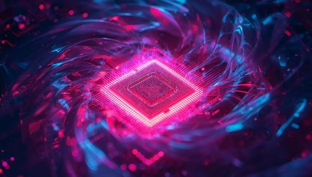 Futuristic glowing cpu chip amidst neon circuit nodes