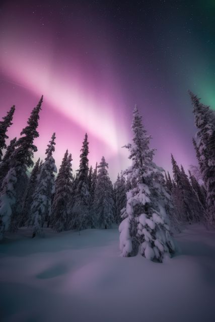 Vibrant Northern Lights illuminate a snowy forest scene, perfect for inspiring awe and wonder. Ideal for travel blogs, nature magazines, or winter-themed marketing campaigns highlighting the beauty of Arctic landscapes.