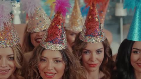 Festive Gathering of Smiling Women in Colorful Sequin Hats