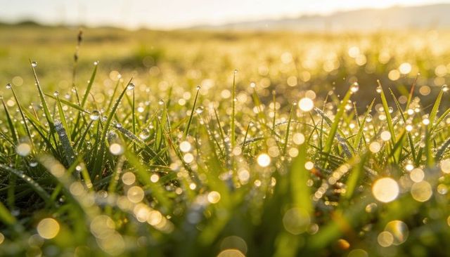 Morning dew on grass blades creating golden bokeh and sparkling droplets at dawn