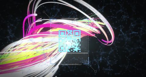 Vibrant digital swirls with glitchy qr code design