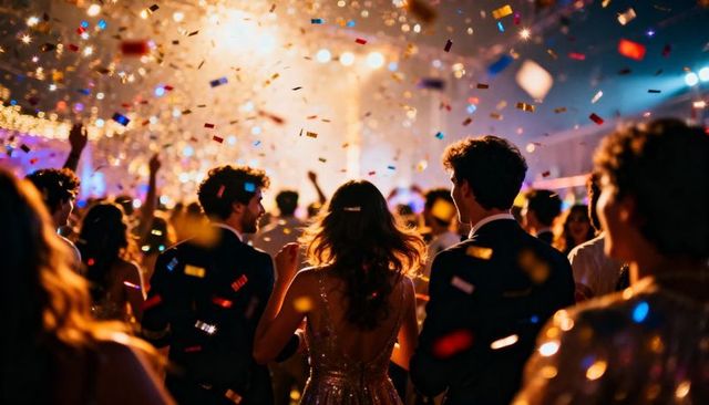 Young crowd dancing under confetti and spotlights at glamorous evening celebration