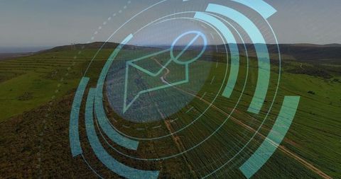 Augmented reality with digital map pin over aerial field landscape