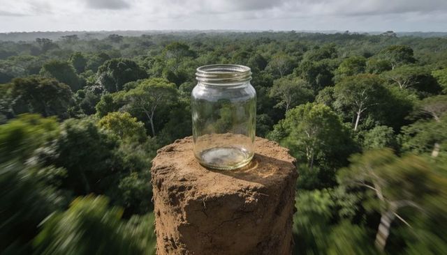 Clear mason jar with residue perched on earthen pillar over lush tropical forest canopy