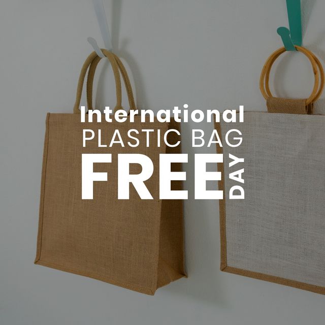 Digital composite image of international plastic bag free day text with jute bags hanging. awareness and nature conservation concept, celebration, plastic bags free day.